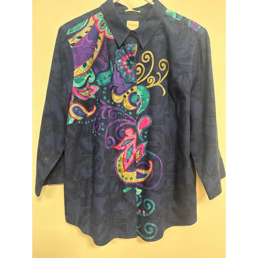 Chico's No-Iron Navy Paisley Button Down Shirt Multi Color Graphic Cotton Size 2